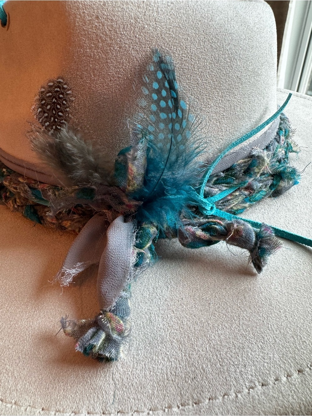 Hand Crafted Cream Vegan Suede Wide Brim Hat with Teal/Gray Accents - Picture 4 of 11